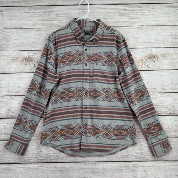 Eddie Bauer Southwest Print Button Down Shirt Mens Medium Gray Rust - Picture 1 of 12
